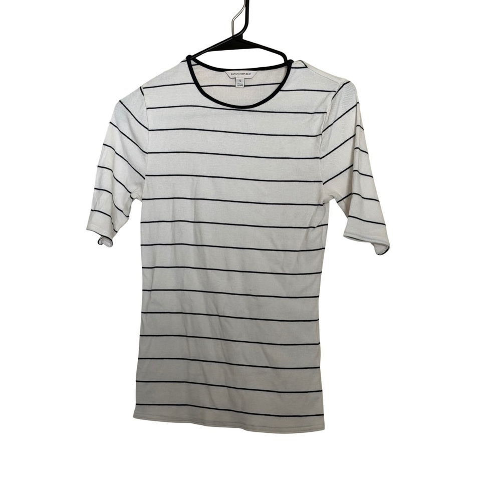 Banana Republic White Black Striped Ribbed Elbow Sleeve Tee Shirt Small